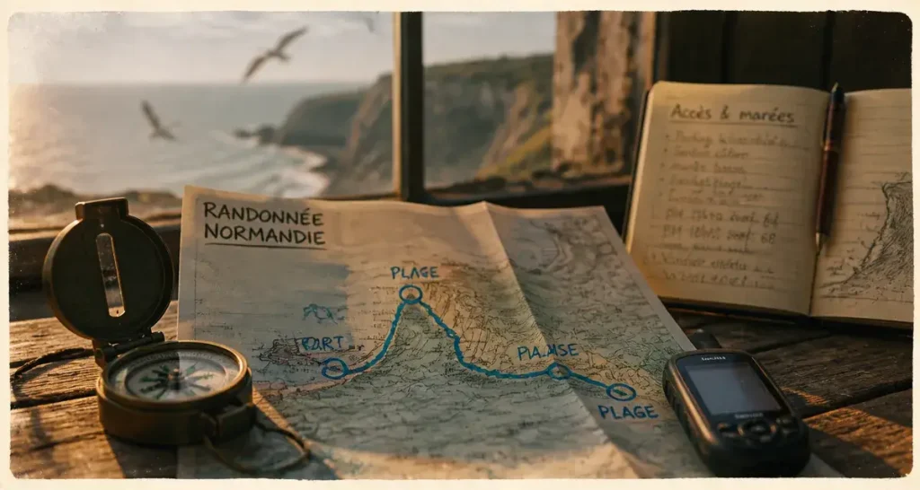 Carte des plages de normandie, GR et itinéraires vélo avec boussole et GPS