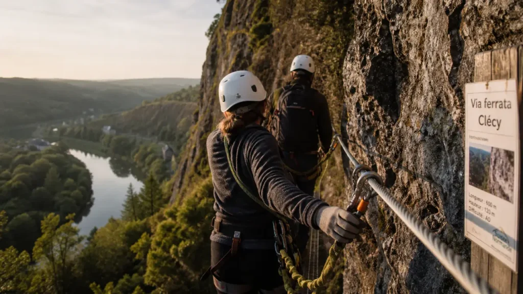 Clécy via ferrata : deux grimpeurs sur passerelle suspendue de 50 m