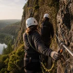 Clécy via ferrata : deux grimpeurs sur passerelle suspendue de 50 m