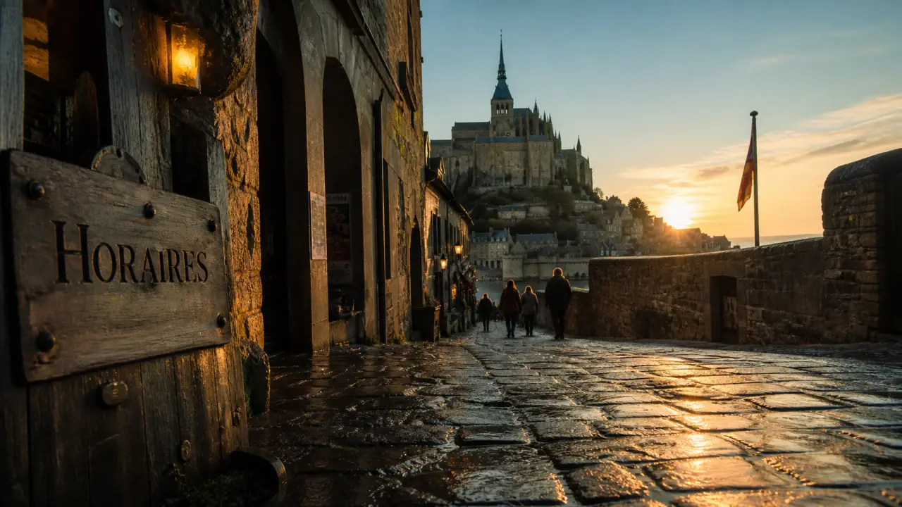Combien de temps pour visiter le mont saint michel : vue de la Grande Rue et de l’abbaye, ambiance golden hour