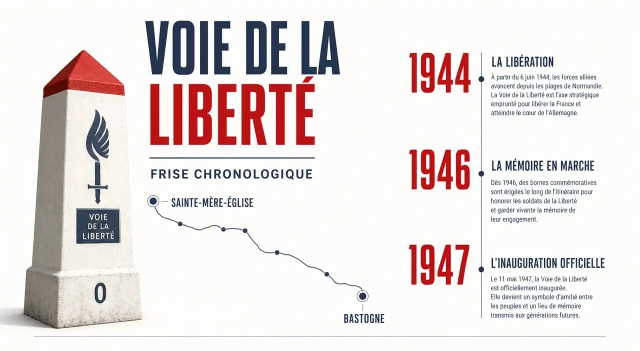La voie de la liberté illustrée par une frise chronologique et une borne commémorative