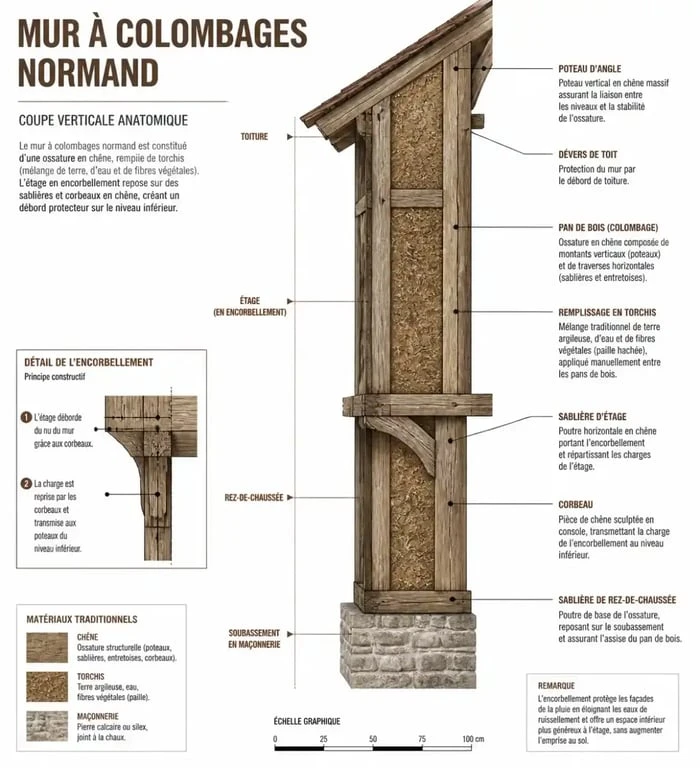 Schéma explicatif de la structure d'une maison à colombages en Normandie