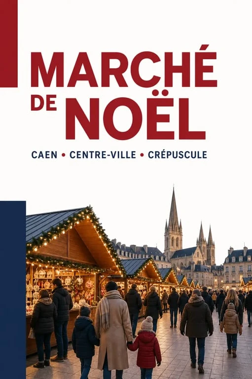 Marché de Noël de Caen au crépuscule avec chalets en bois et illuminations
