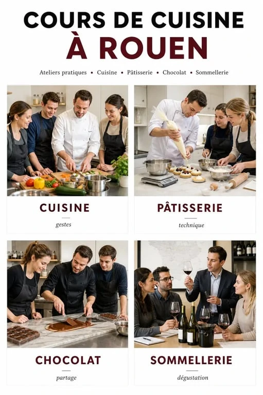 Cours de cuisine rouen en atelier convivial comparant cuisine, pâtisserie, chocolat et sommellerie