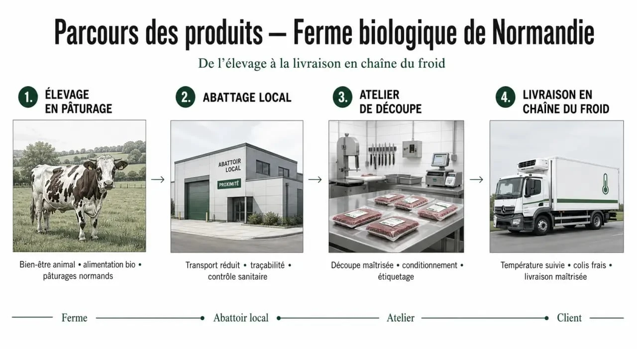 La ferme biologique de normandie illustrée par son circuit de production, de l'élevage à la livraison froide