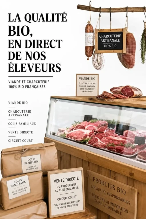 La ferme biologique de normandie en vente directe sur un marché bio avec viande et charcuterie