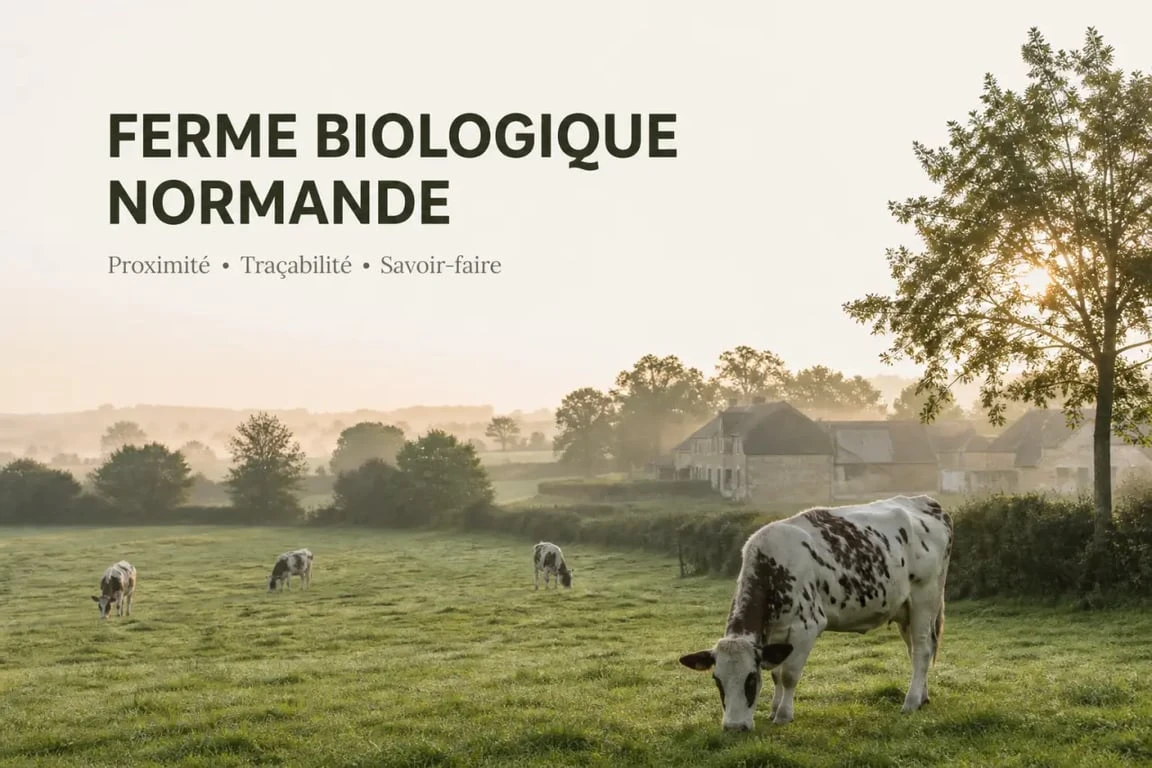 La ferme biologique de normandie avec vaches en pâturage et bâtiments agricoles en Normandie