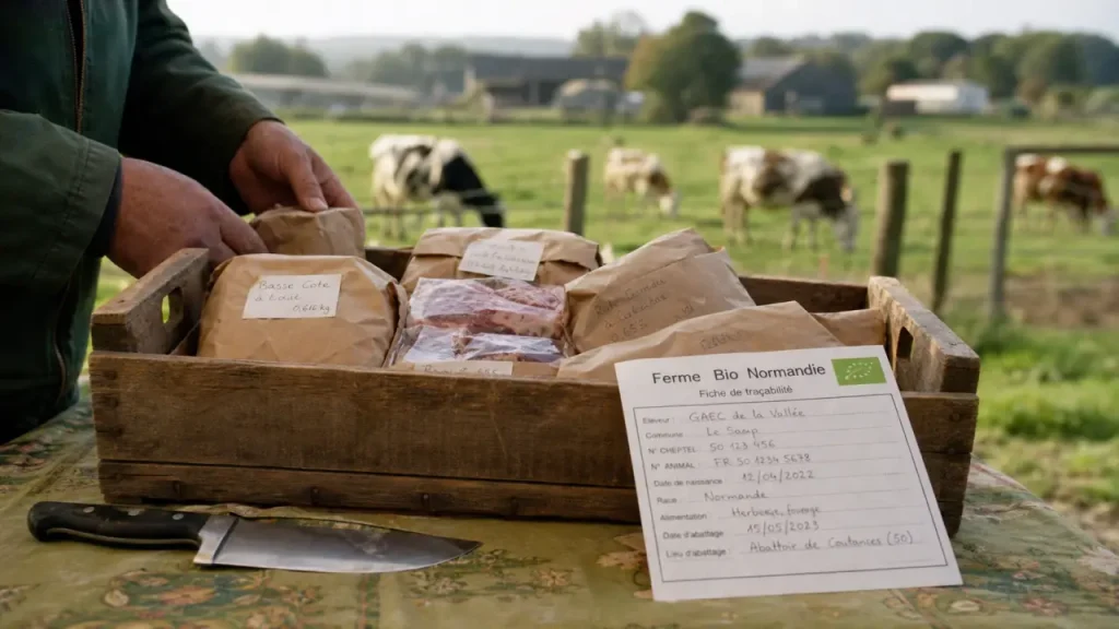 La ferme biologique de normandie : viande bio emballée pour vente directe, livraison froide