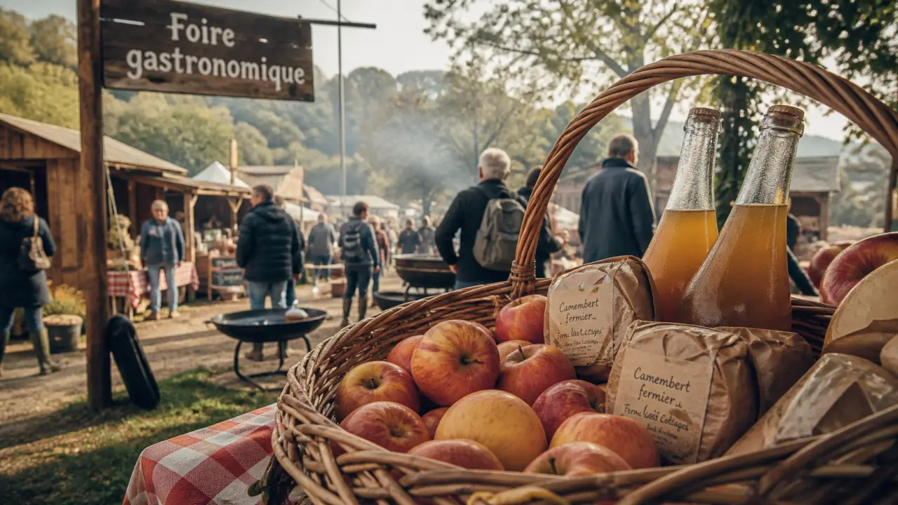 Foire en normandie ce week end : panier de pommes, cidre et fromages à la foire