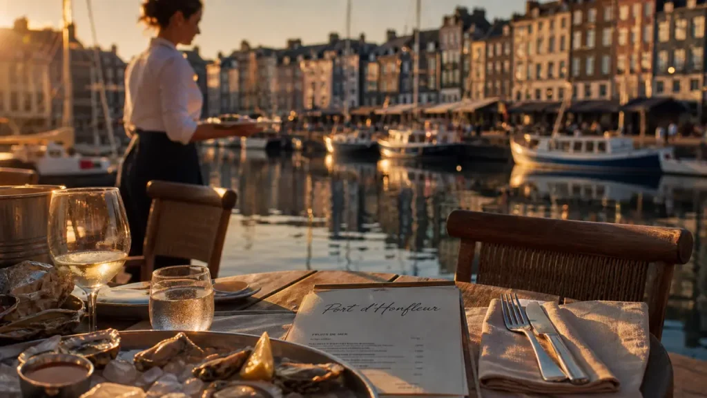 Honfleur restaurant sur le port, fruits de mer au coucher du soleil