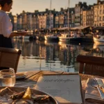 Honfleur restaurant sur le port, fruits de mer au coucher du soleil