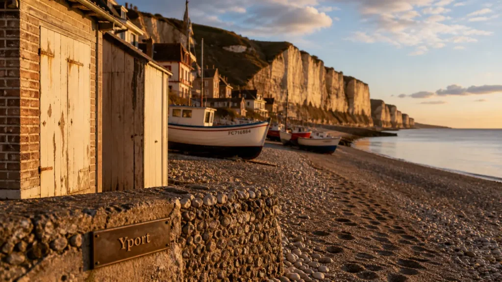 Les plus beaux villages de Seine Maritime : Yport, falaises crayeuses et cabines au golden hour