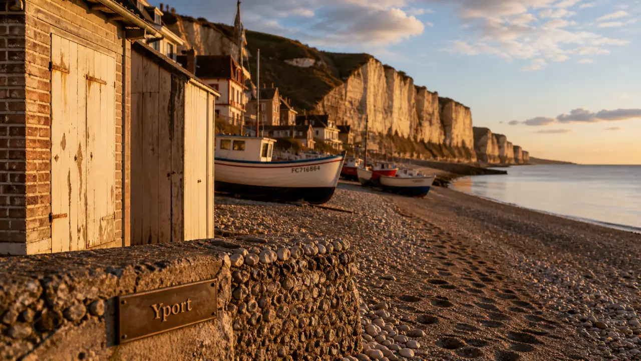 Les plus beaux villages de Seine Maritime : Yport, falaises crayeuses et cabines au golden hour