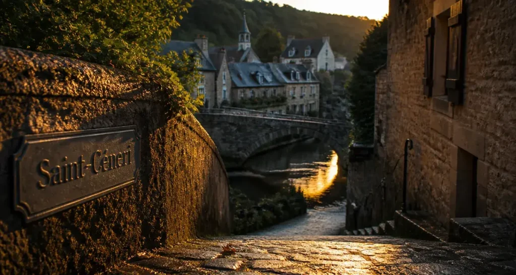 Les plus beaux villages des Alpes mancelles : Saint-Céneri-le-Gérei, pont sur la Sarthe au golden hour