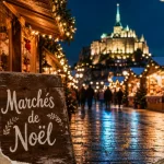 Marché de noel dans la Manche la nuit, chalets et guirlandes