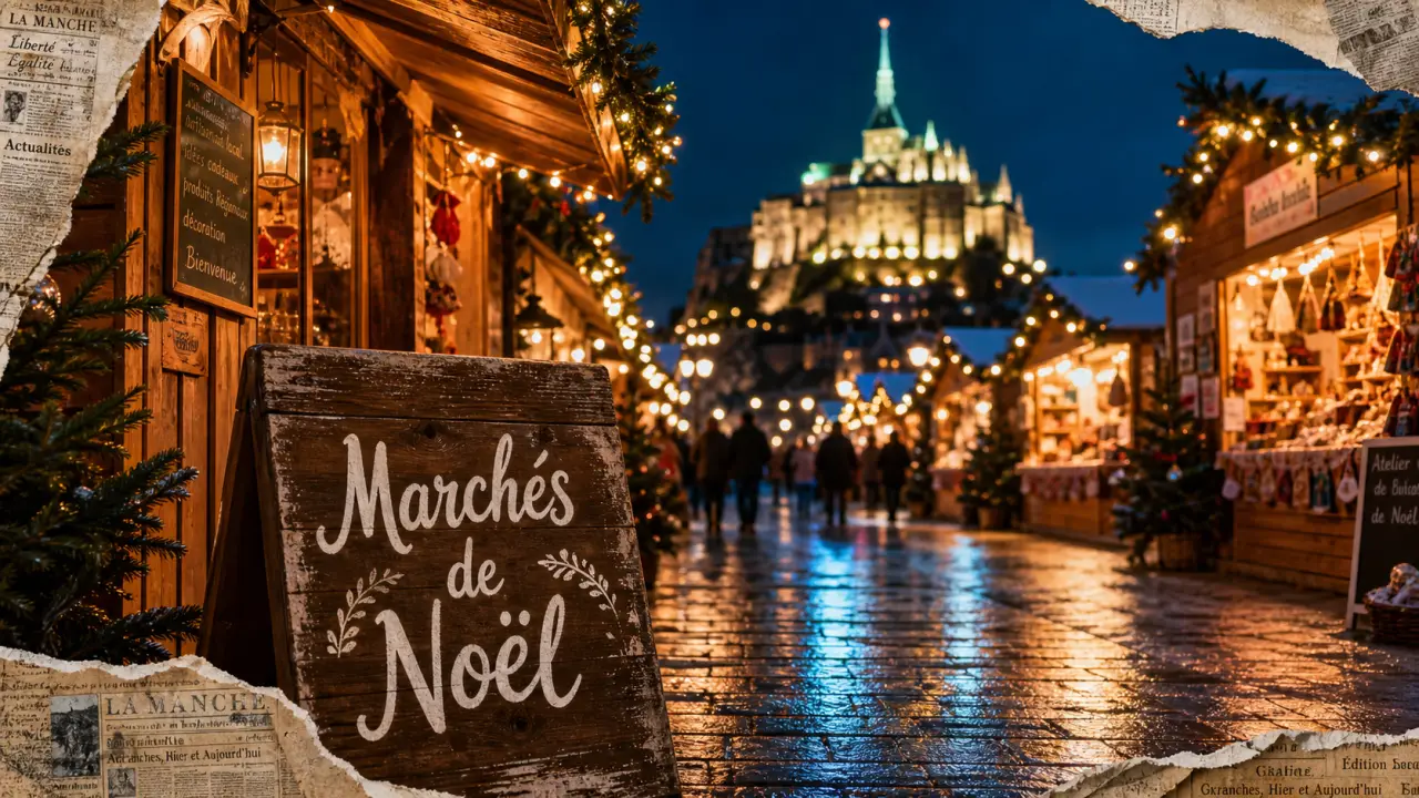 Marché de noel dans la Manche la nuit, chalets et guirlandes