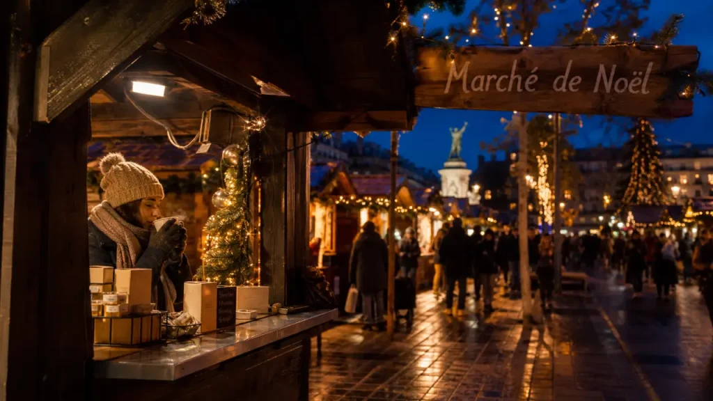 marche de noel de caen : chalet bois et guirlandes, ambiance marché