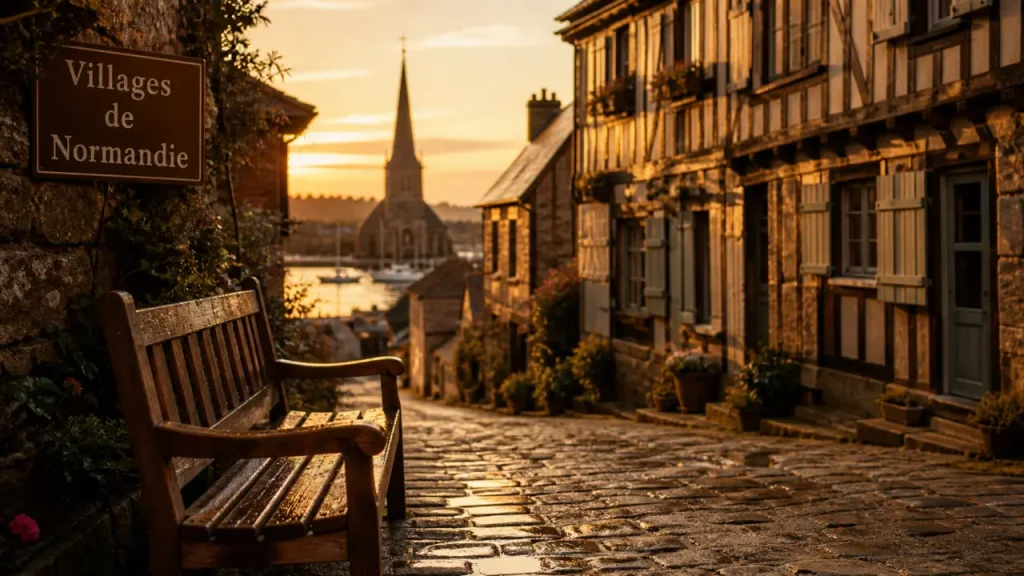 Plus beaux villages normandie : ruelle pavée vers clocher et port