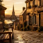 Plus beaux villages normandie : ruelle pavée vers clocher et port