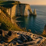 Plus belles plages de normandie : Étretat, falaises et mer de la Manche au coucher du soleil