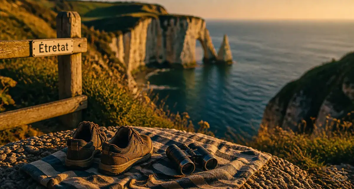 Plus belles plages de normandie : Étretat, falaises et mer de la Manche au coucher du soleil
