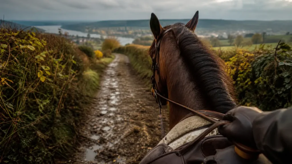 Randonnée à cheval normandie : cheval en bocage vers la vallée de Seine