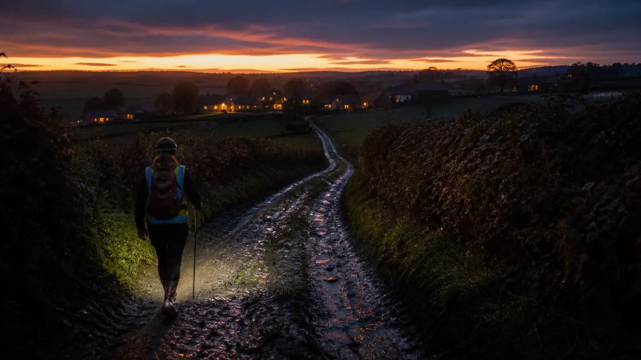 Randonnée nocturne Normandie 2025 : randonneuse au faisceau de lampe frontale