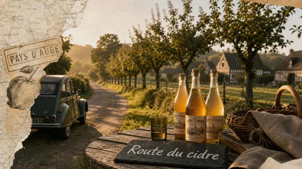 Route du cidre en Pays d’Auge : vergers au matin et bouteilles de cidre fermier