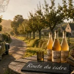 Route du cidre en Pays d’Auge : vergers au matin et bouteilles de cidre fermier