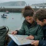 Sorties normandie week end : couple au port, carte vers falaises d’Étretat