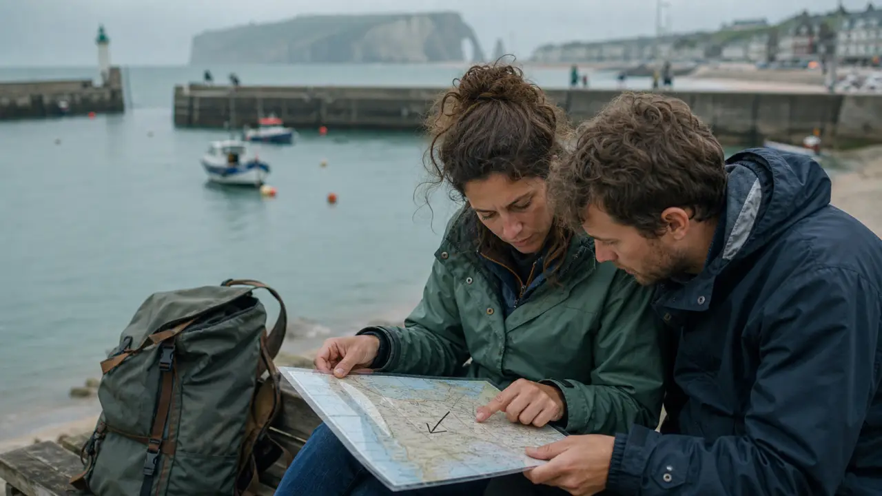 Sorties normandie week end : couple au port, carte vers falaises d’Étretat