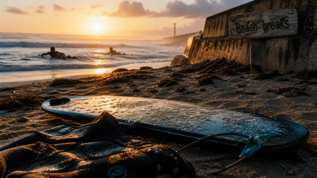 Surf en Normandie sur la plage du Cotentin, golden hour, deux surfeurs en mer