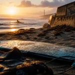 Surf en Normandie sur la plage du Cotentin, golden hour, deux surfeurs en mer