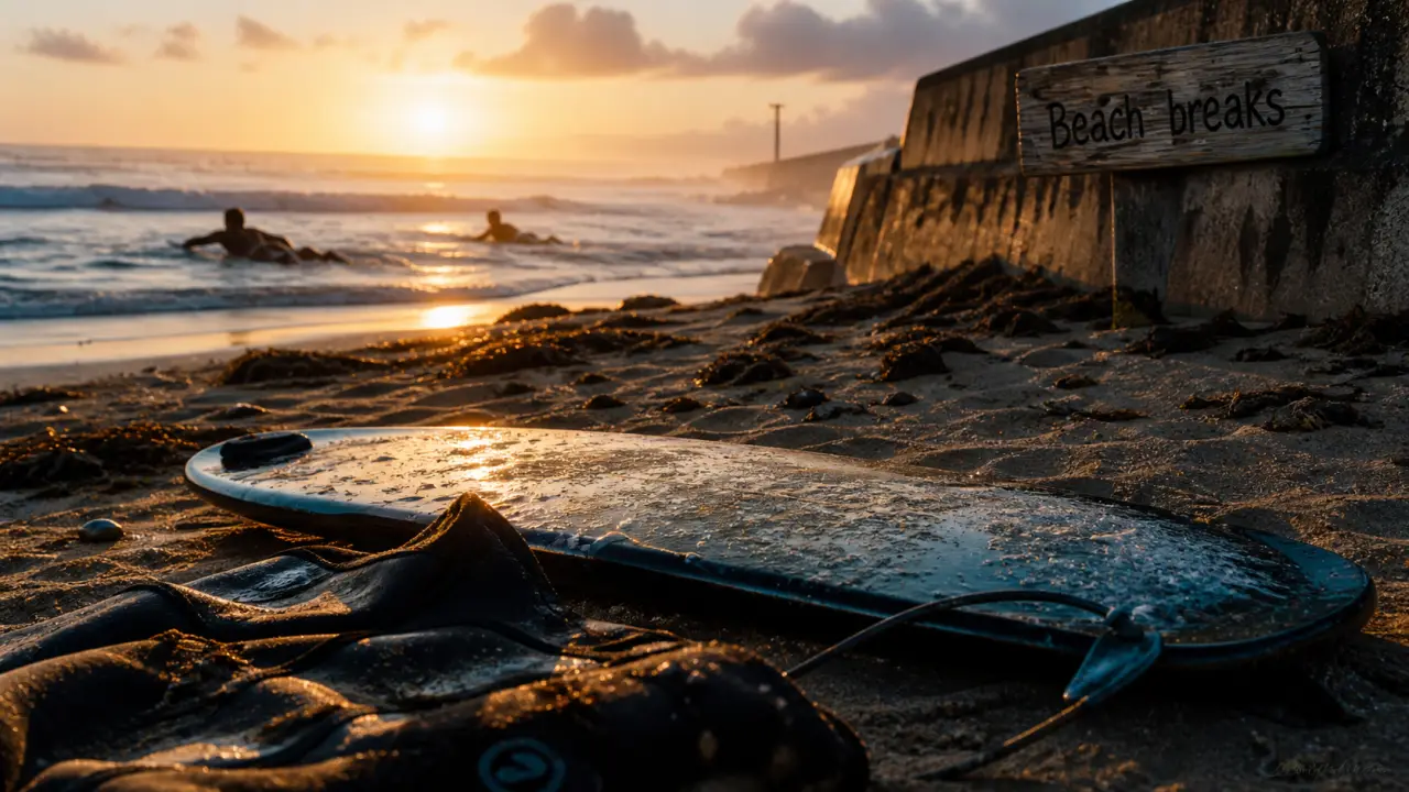 Surf en Normandie sur la plage du Cotentin, golden hour, deux surfeurs en mer