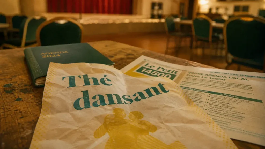 Thé dansant ce week end près de Vire Normandie : affiche « Thé dansant » sur table