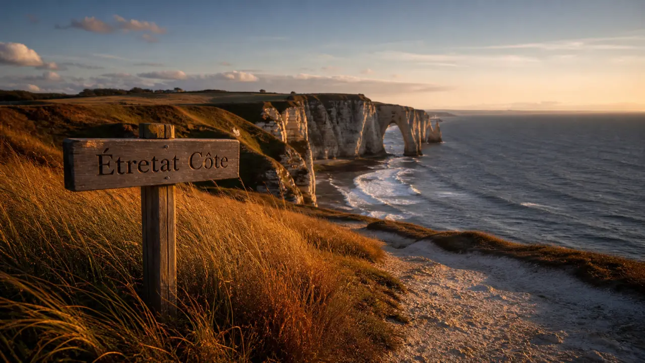 Tourisme Normandie : falaises d’Étretat, sentier en craie au coucher du soleil