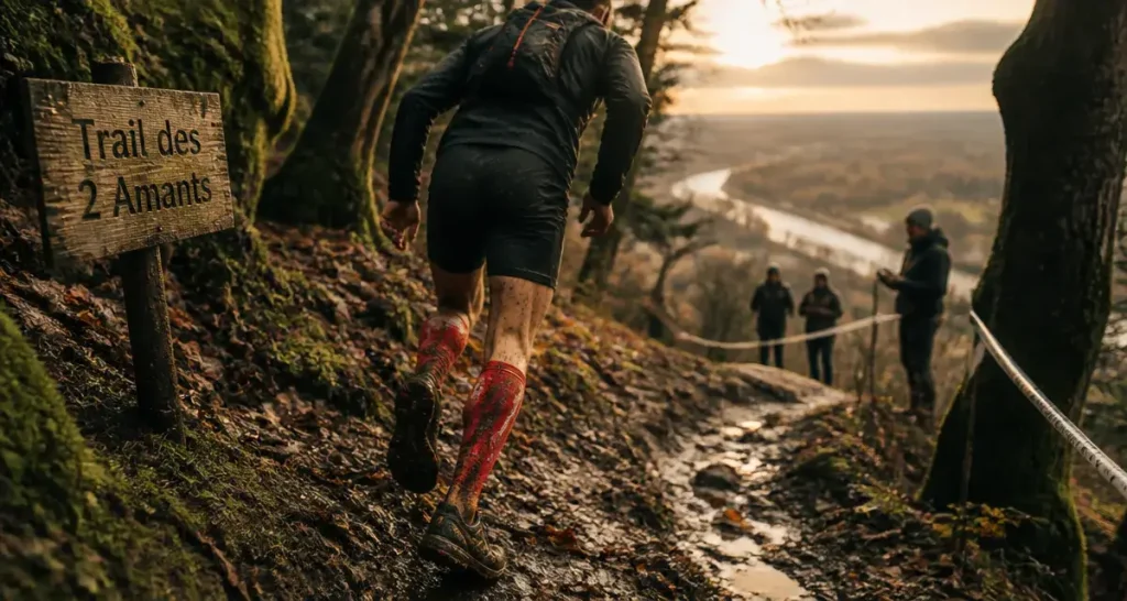 Trail des 2 amants 2026 : coureur sur sentier boueux en forêt humide près du lac