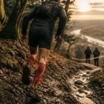 Trail des 2 amants 2026 : coureur sur sentier boueux en forêt humide près du lac