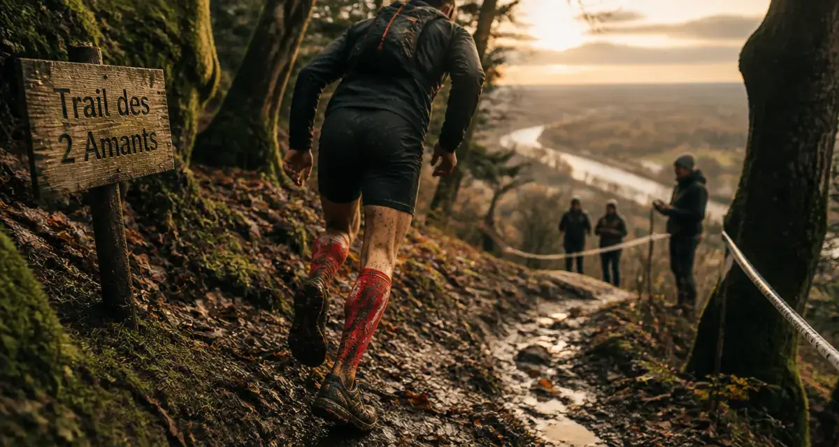 Trail des 2 amants 2026 : coureur sur sentier boueux en forêt humide près du lac
