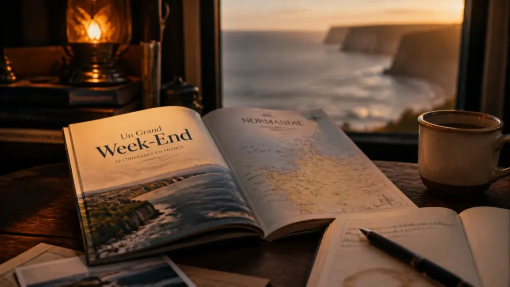 Un grand week end en normandie : guide Hachette ouvert sur une carte