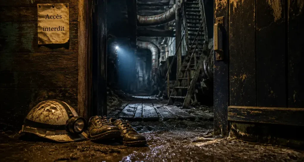 Urbex normandie : casque et chaussures dans la boue, porte d’une usine abandonnée