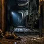 Urbex normandie : casque et chaussures dans la boue, porte d’une usine abandonnée