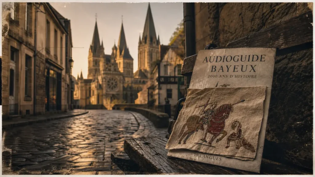 Visiter Bayeux : audioguide près des ruelles, avec la cathédrale au fond