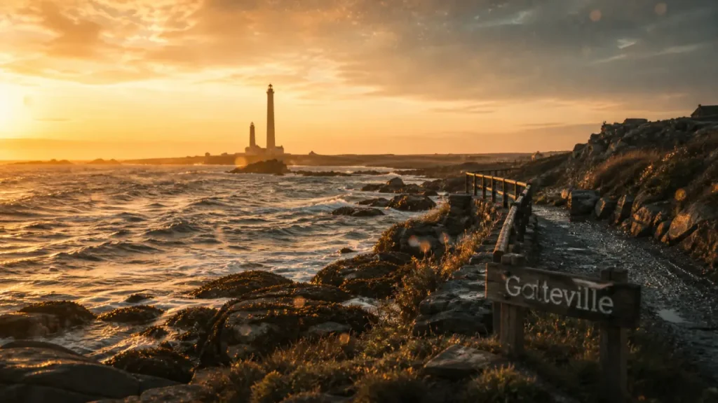 Visiter un phare en Normandie : phare de Gatteville au golden hour, côte et rochers