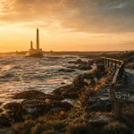 Visiter un phare en Normandie : phare de Gatteville au golden hour, côte et rochers
