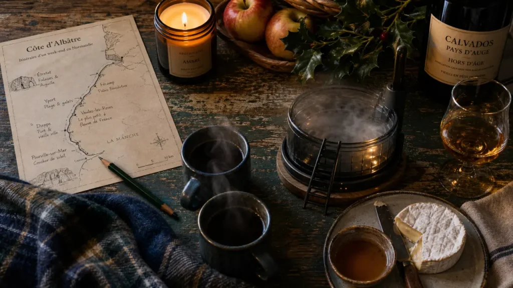 Week end amoureux insolite en Normandie : table bois, tasses chaudes et cidre