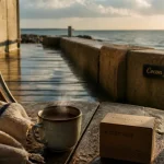Week end detente en normandie : serviette lin et tasse fumante face à la mer