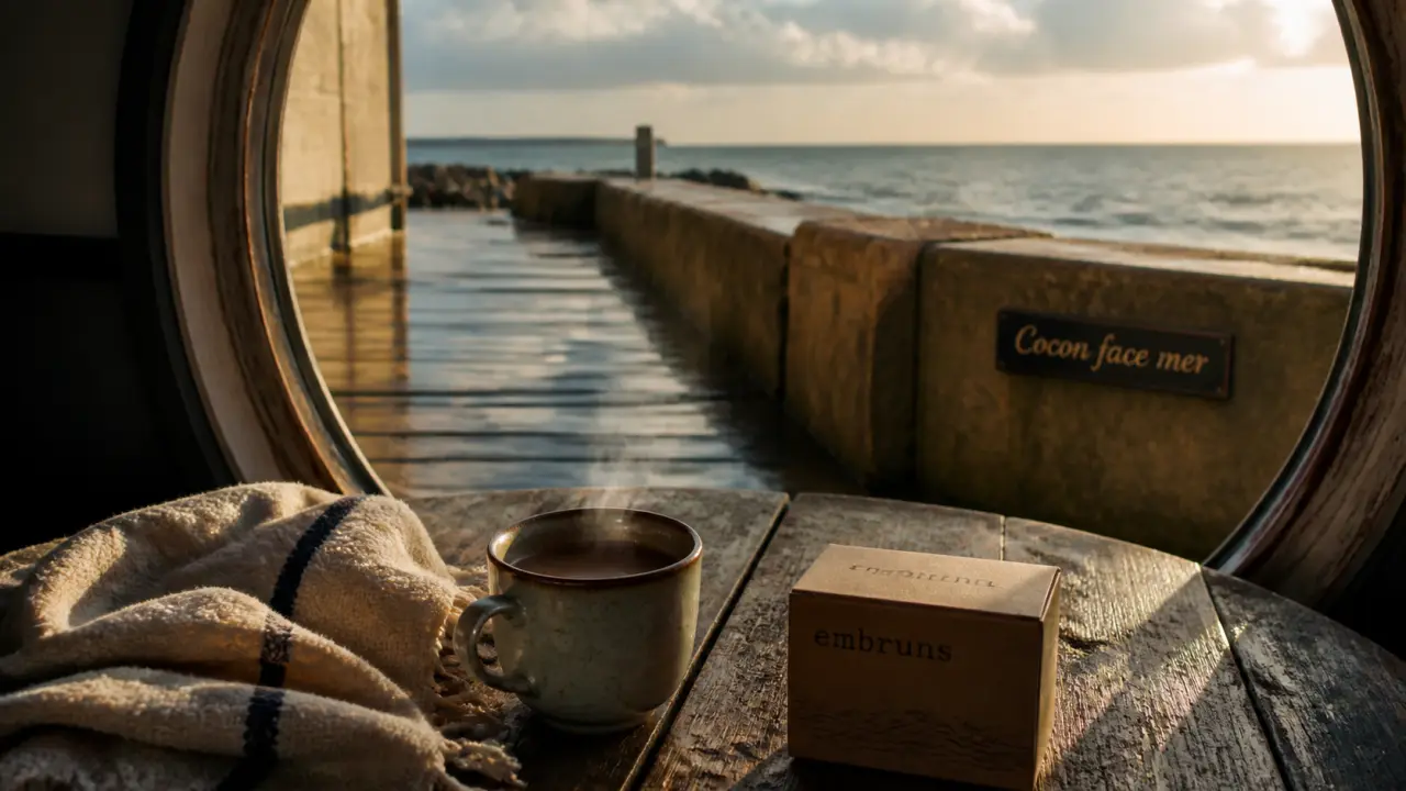 Week end detente en normandie : serviette lin et tasse fumante face à la mer