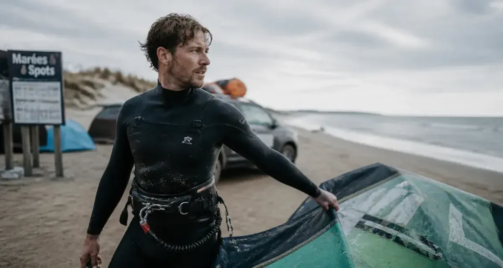 week end kitesurf normandie : kitesurfeur sur plage au petit matin