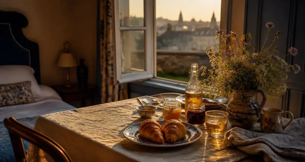 Petit-déjeuner en chambres d hotes caen, table en lin ivoire, vue jardin